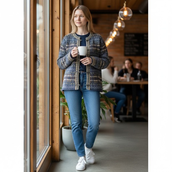 Cambridge Dry Goods Sweaters - Cambridge Dry Goods Womens Medium Blue Wool Fair Isle Cardigan Nordic Clasp